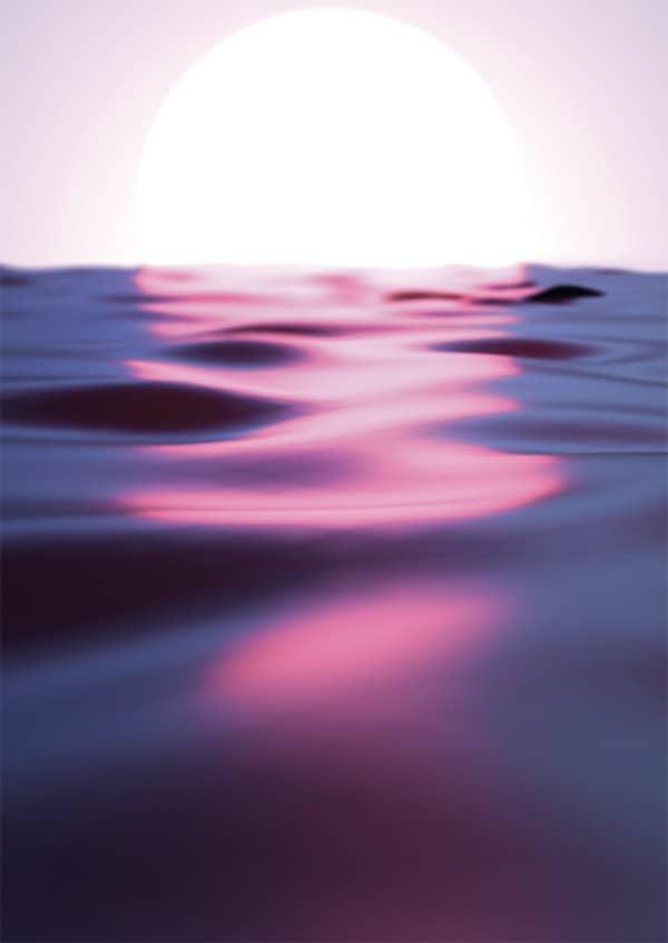 A large glowing sun setting over calm ocean waves, casting pink and purple reflections across the water