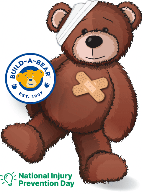 A teddy bear with a bandage wrap on head and two bandages on the heart